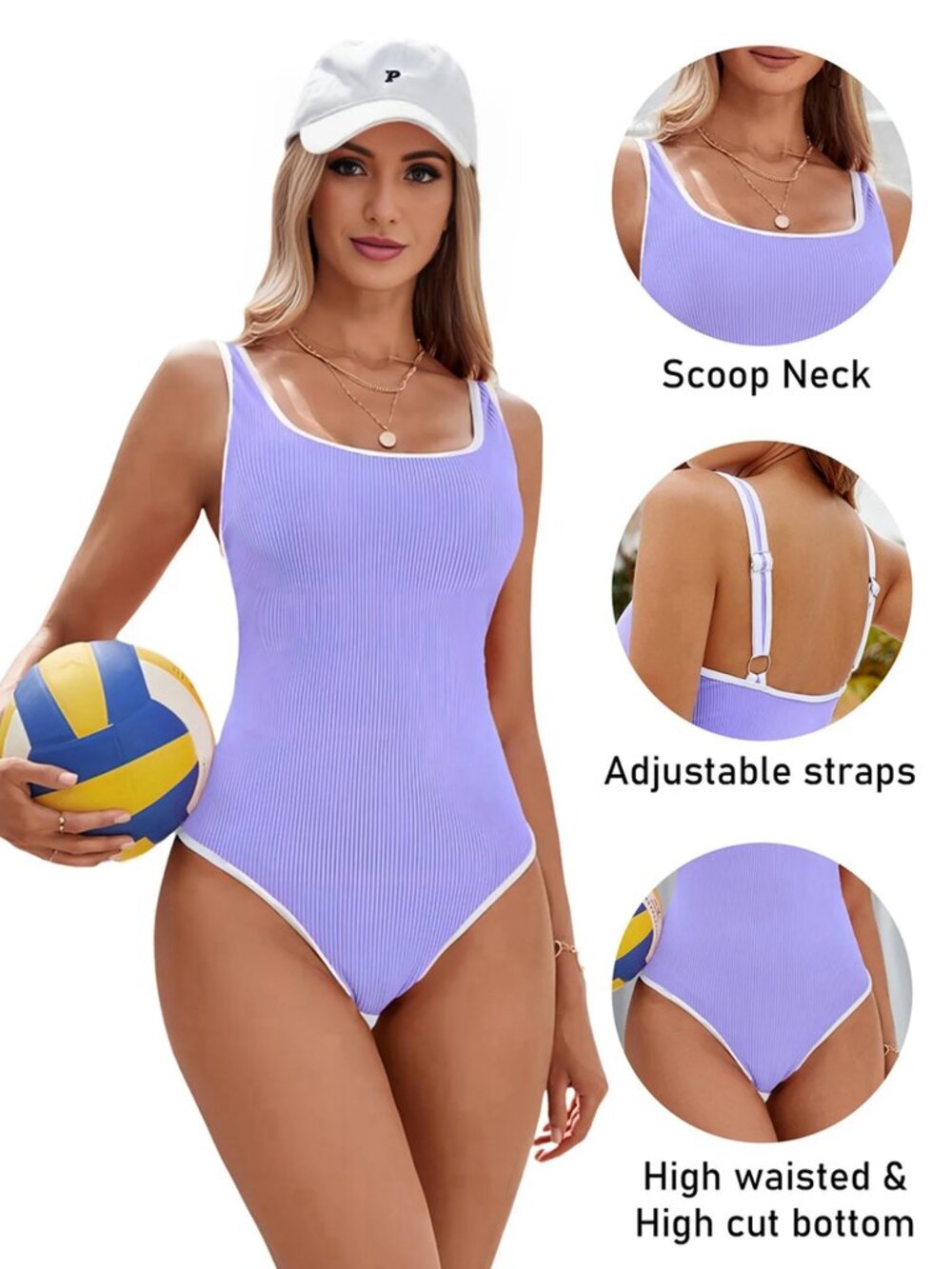 WOMEN'S Lavender with White Trim One Piece Swimsuit - Ribbed - SIZE Small NWT